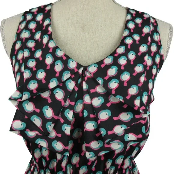 BeBop Black Crepe Ruffle Front Bird Print Blouson Hi-Low Size XS Graphic Print - Picture 2 of 7